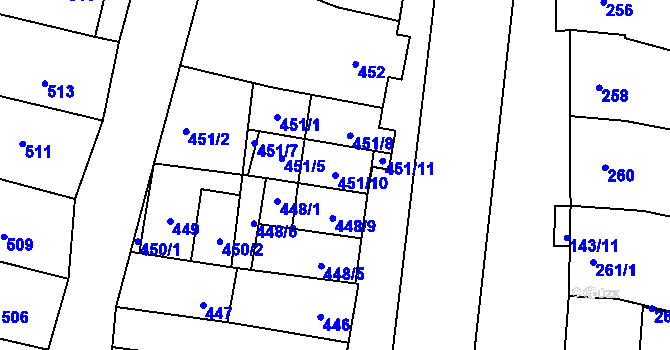 Parcela st. 451/10 v KÚ Měnín, Katastrální mapa