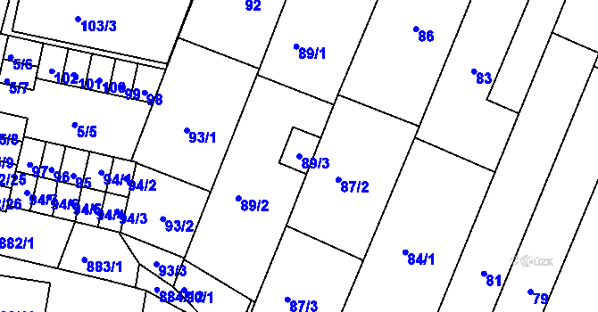 Parcela st. 89/3 v KÚ Měnín, Katastrální mapa