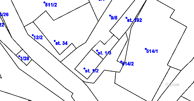 Parcela st. 1/3 v KÚ Merklín u Karlových Var, Katastrální mapa