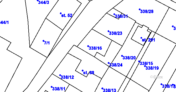 Parcela st. 338/16 v KÚ Merklín u Karlových Var, Katastrální mapa
