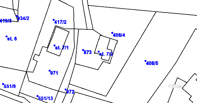 Parcela st. 7/2 v KÚ Oldřiš u Merklína, Katastrální mapa