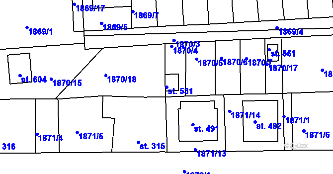 Parcela st. 531 v KÚ Merklín u Přeštic, Katastrální mapa
