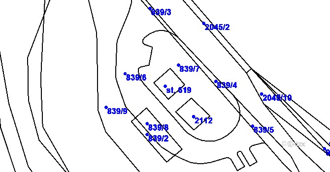Parcela st. 619 v KÚ Merklín u Přeštic, Katastrální mapa