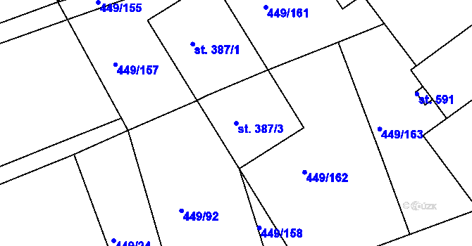 Parcela st. 387/3 v KÚ Merklín u Přeštic, Katastrální mapa