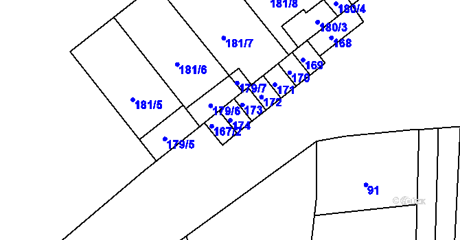 Parcela st. 174 v KÚ Měrovice nad Hanou, Katastrální mapa