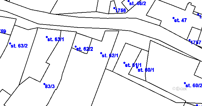 Parcela st. 62/1 v KÚ Měrunice, Katastrální mapa