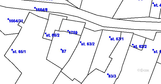 Parcela st. 63/2 v KÚ Měrunice, Katastrální mapa
