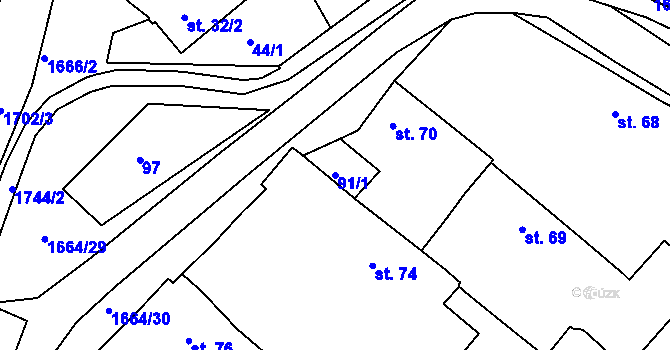 Parcela st. 91/1 v KÚ Měrunice, Katastrální mapa