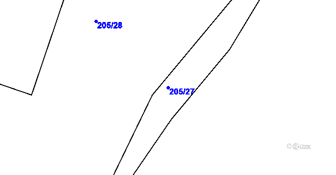 Parcela st. 205/27 v KÚ Měrunice, Katastrální mapa