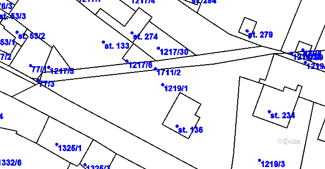 Parcela st. 1219/1 v KÚ Měrunice, Katastrální mapa