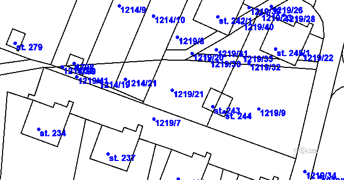Parcela st. 1219/21 v KÚ Měrunice, Katastrální mapa