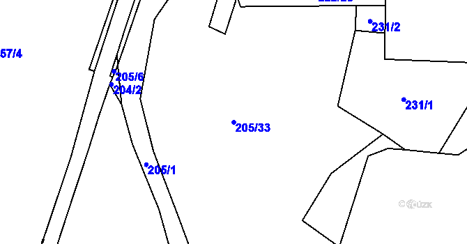 Parcela st. 205/33 v KÚ Měrunice, Katastrální mapa