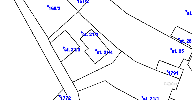 Parcela st. 21/4 v KÚ Měrunice, Katastrální mapa