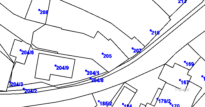 Parcela st. 205 v KÚ Měřín, Katastrální mapa