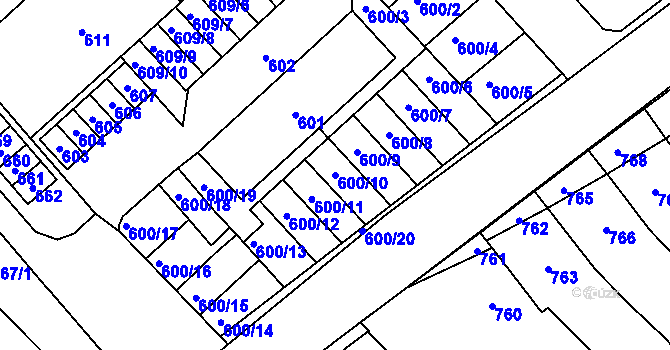 Parcela st. 600/10 v KÚ Měřín, Katastrální mapa