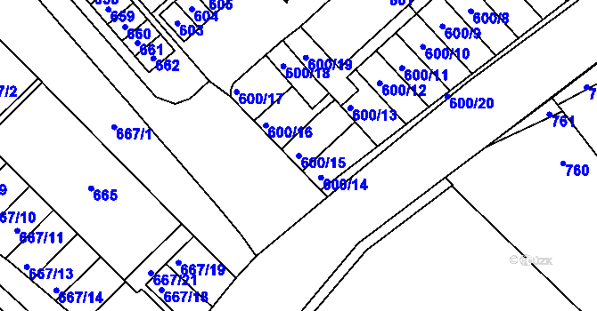 Parcela st. 600/15 v KÚ Měřín, Katastrální mapa
