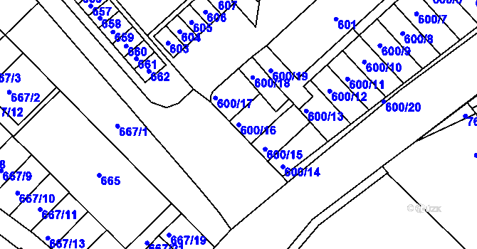 Parcela st. 600/16 v KÚ Měřín, Katastrální mapa