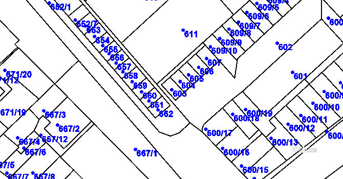 Parcela st. 603 v KÚ Měřín, Katastrální mapa