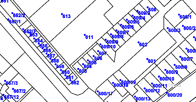 Parcela st. 607 v KÚ Měřín, Katastrální mapa
