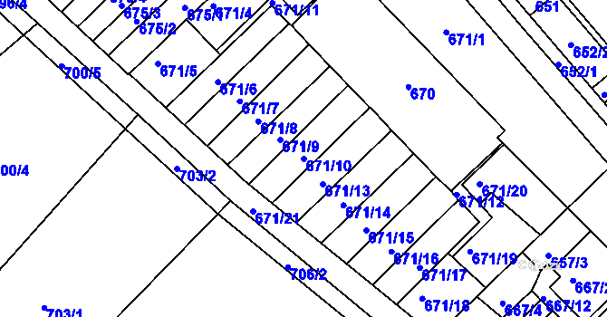 Parcela st. 671/10 v KÚ Měřín, Katastrální mapa