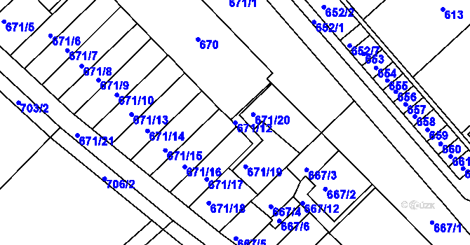 Parcela st. 671/12 v KÚ Měřín, Katastrální mapa