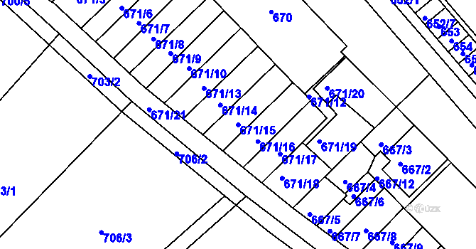 Parcela st. 671/15 v KÚ Měřín, Katastrální mapa