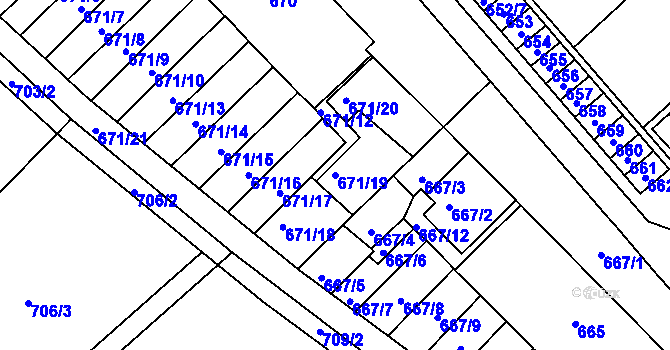 Parcela st. 671/19 v KÚ Měřín, Katastrální mapa