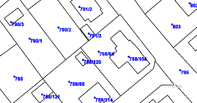 Parcela st. 758/64 v KÚ Měřín, Katastrální mapa