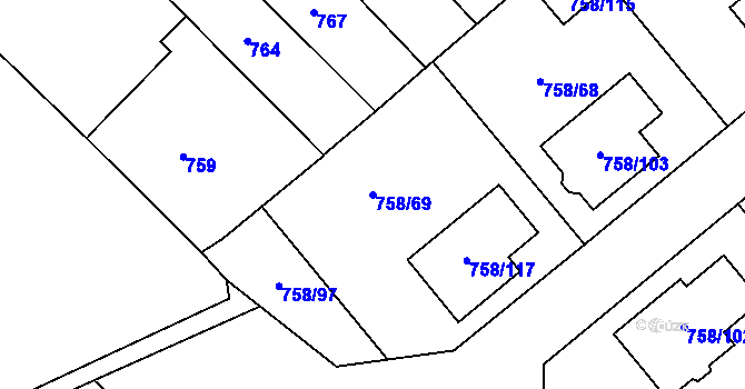 Parcela st. 758/69 v KÚ Měřín, Katastrální mapa