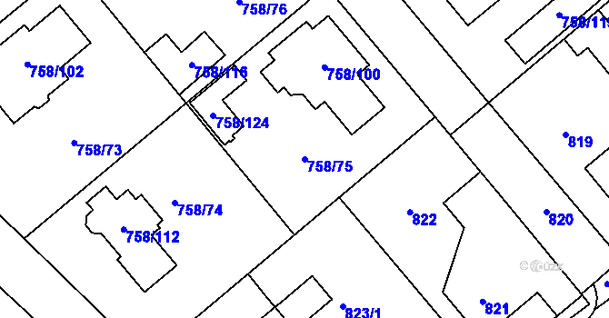 Parcela st. 758/75 v KÚ Měřín, Katastrální mapa