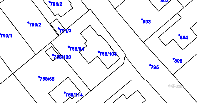 Parcela st. 758/104 v KÚ Měřín, Katastrální mapa