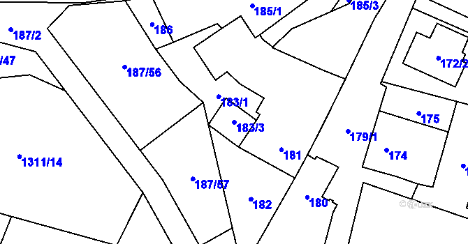 Parcela st. 183/3 v KÚ Měřín, Katastrální mapa