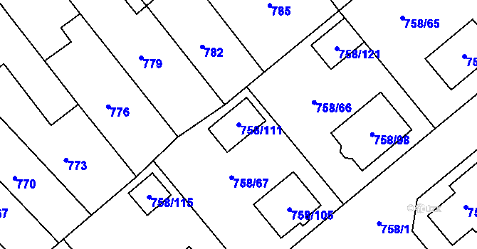 Parcela st. 758/111 v KÚ Měřín, Katastrální mapa