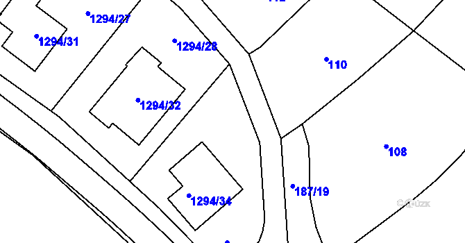 Parcela st. 187/30 v KÚ Měřín, Katastrální mapa