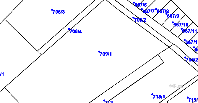 Parcela st. 709/1 v KÚ Měřín, Katastrální mapa