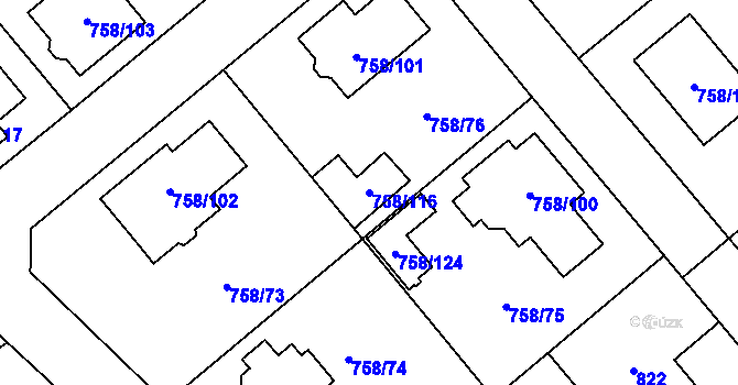 Parcela st. 758/116 v KÚ Měřín, Katastrální mapa