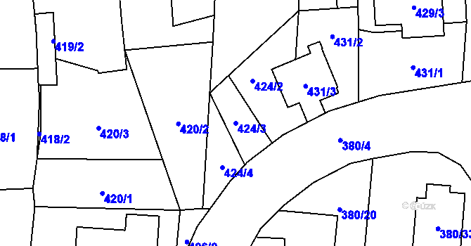 Parcela st. 424/3 v KÚ Městec Králové, Katastrální mapa