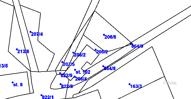 Parcela st. 206/2 v KÚ Městečko u Křivoklátu, Katastrální mapa