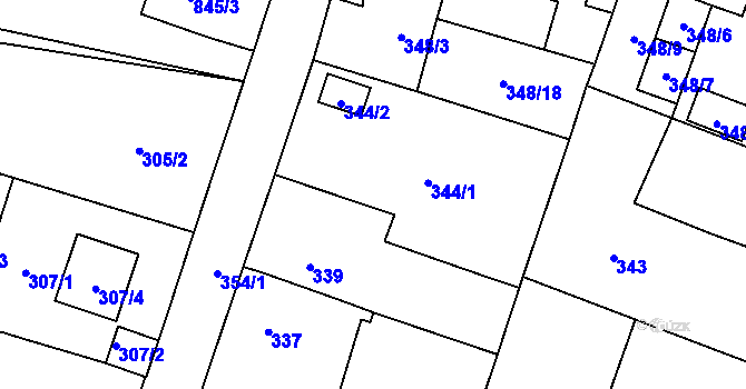 Parcela st. 344/1 v KÚ Město Touškov, Katastrální mapa