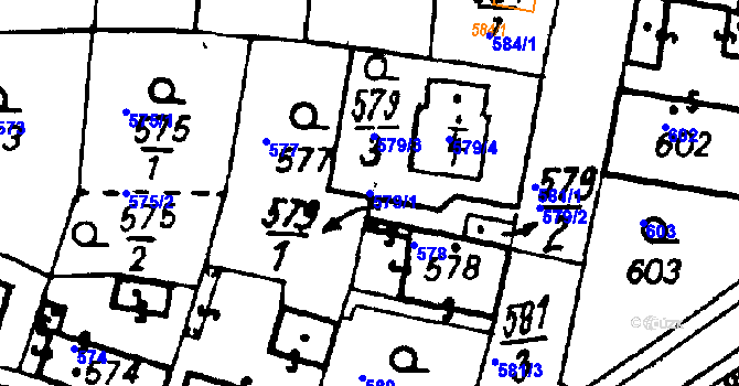 Parcela st. 579/1 v KÚ Město Touškov, Katastrální mapa