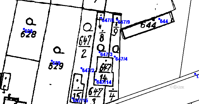 Parcela st. 647/3 v KÚ Město Touškov, Katastrální mapa