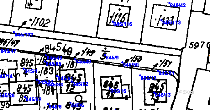 Parcela st. 845/9 v KÚ Město Touškov, Katastrální mapa