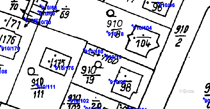 Parcela st. 910/19 v KÚ Město Touškov, Katastrální mapa