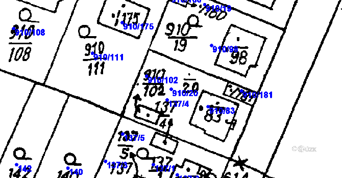 Parcela st. 910/20 v KÚ Město Touškov, Katastrální mapa