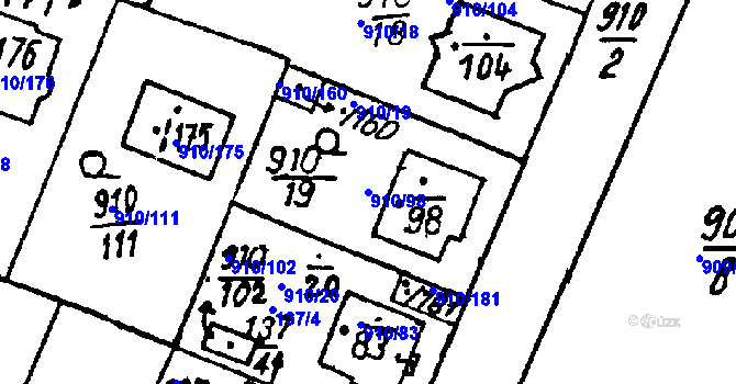 Parcela st. 910/98 v KÚ Město Touškov, Katastrální mapa