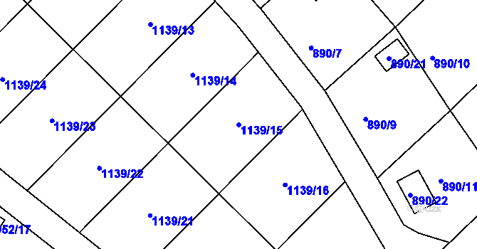Parcela st. 1139/15 v KÚ Město Touškov, Katastrální mapa