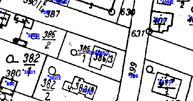 Parcela st. 386/3 v KÚ Město Touškov, Katastrální mapa