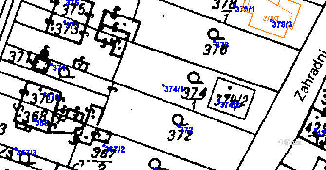 Parcela st. 374/1 v KÚ Město Touškov, Katastrální mapa