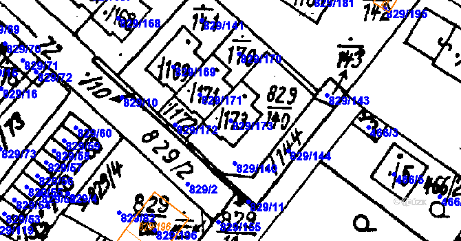 Parcela st. 829/173 v KÚ Město Touškov, Katastrální mapa