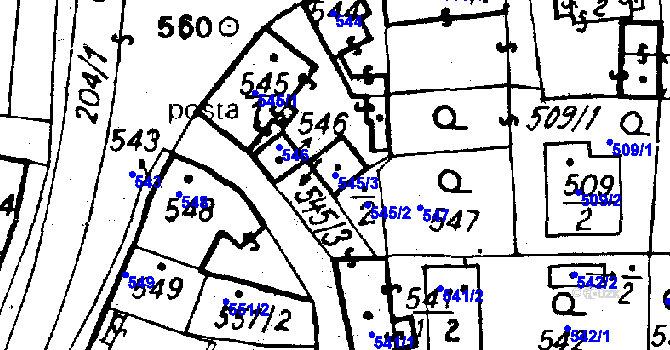 Parcela st. 545/3 v KÚ Město Touškov, Katastrální mapa
